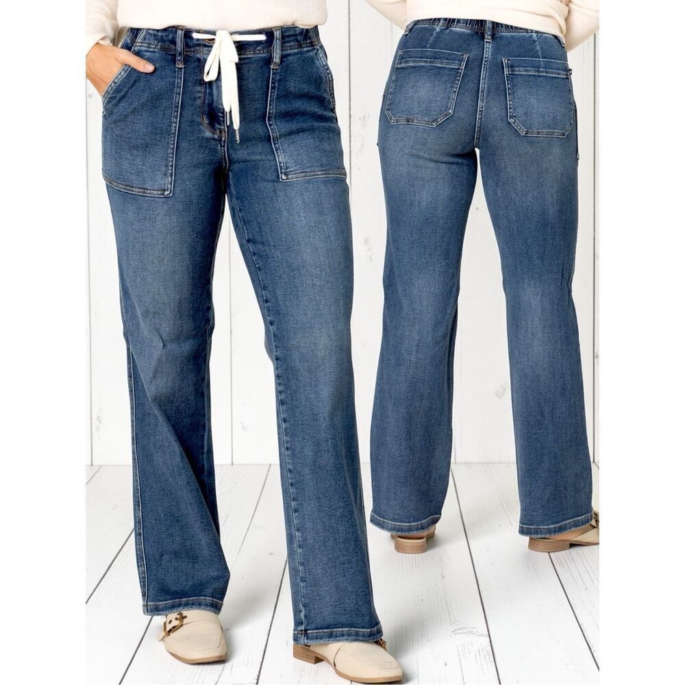 Judy Blue Drawstring Wide Leg Jeans High Rise Medium Wash Relaxed Fit NWT